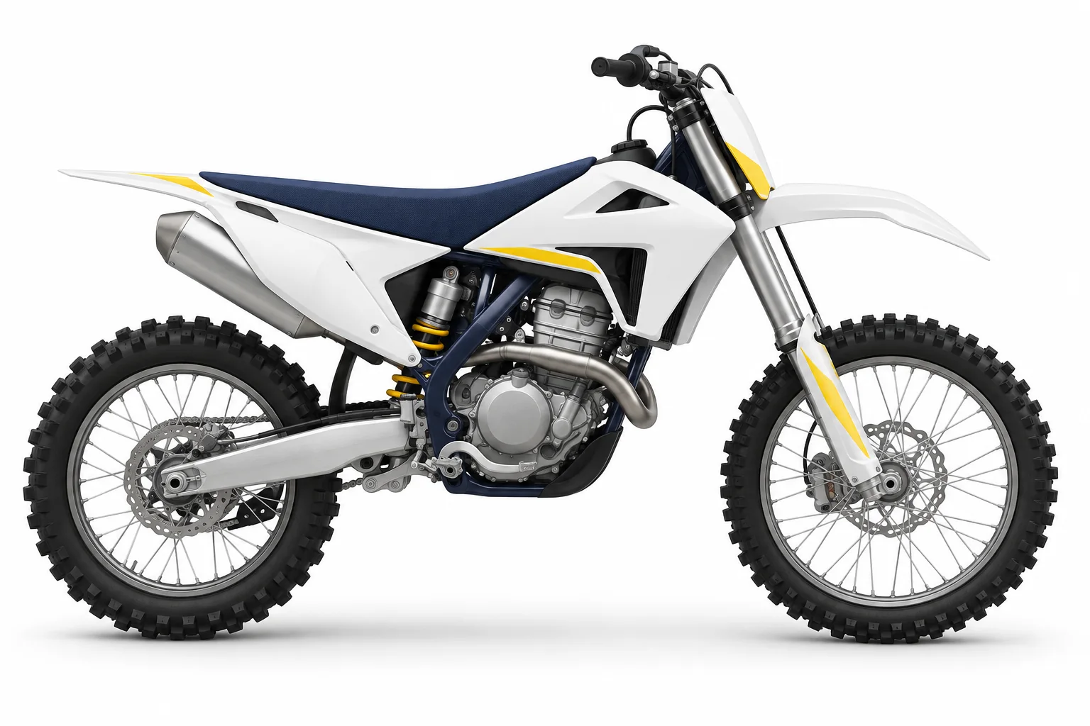 Original white and blue dirt bike artwork. Illustrative bike; not exact model.